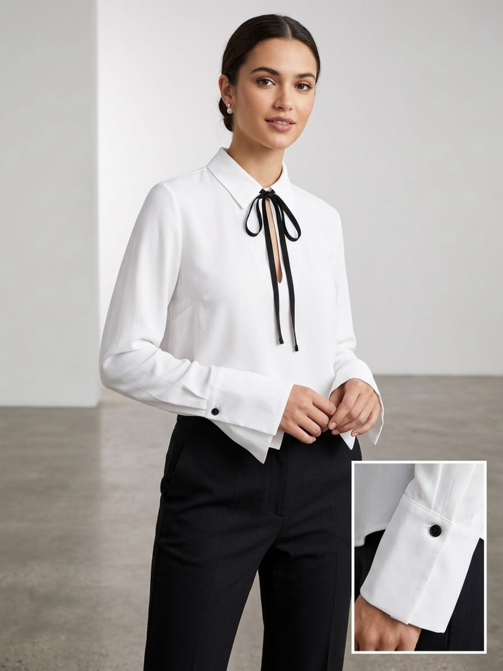 White Long-Sleeve Bow-Tie Collar Blouse
